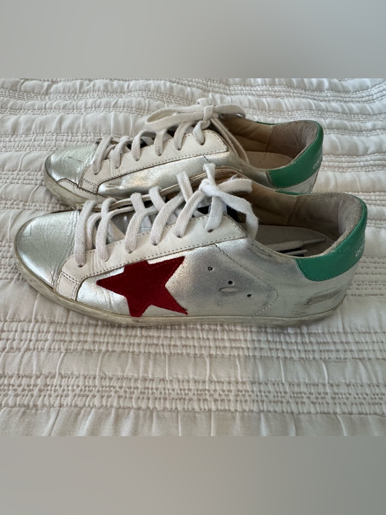 Golden Goose Superstar Silver With Red Star Leather Sneakers